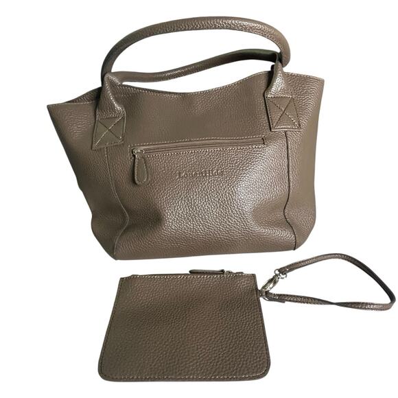 Louenhide Large Brown Vegan Leather Tote Bag Zip Wristlet Pockets Stripe Lining - Picture 1 of 16